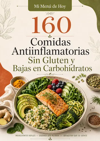 Portada del recetario 160 Comidas Antiinflamatorias Sin Gluten y Bajas en Carbohidratos