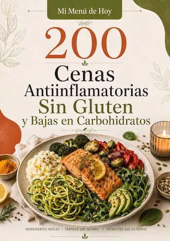 Portada del recetario 200 Cenas Antiinflamatorias Sin Gluten y Bajas en Carbohidratos
